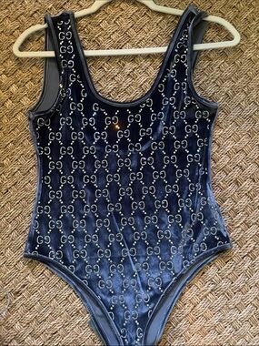 Gucci Navy Glitter Logo Kids One-Piece Swimsuit